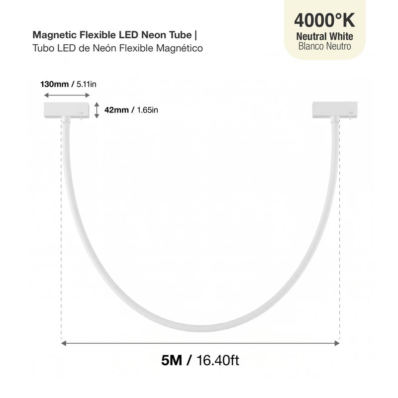 White Flexible LED Magnetic Track Neon Light, 24V 60W 4000K, 16.4 ft Length