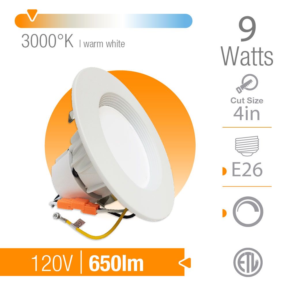 4" Dimmable Warm White LED Recessed Downlight, AC 110V 9W