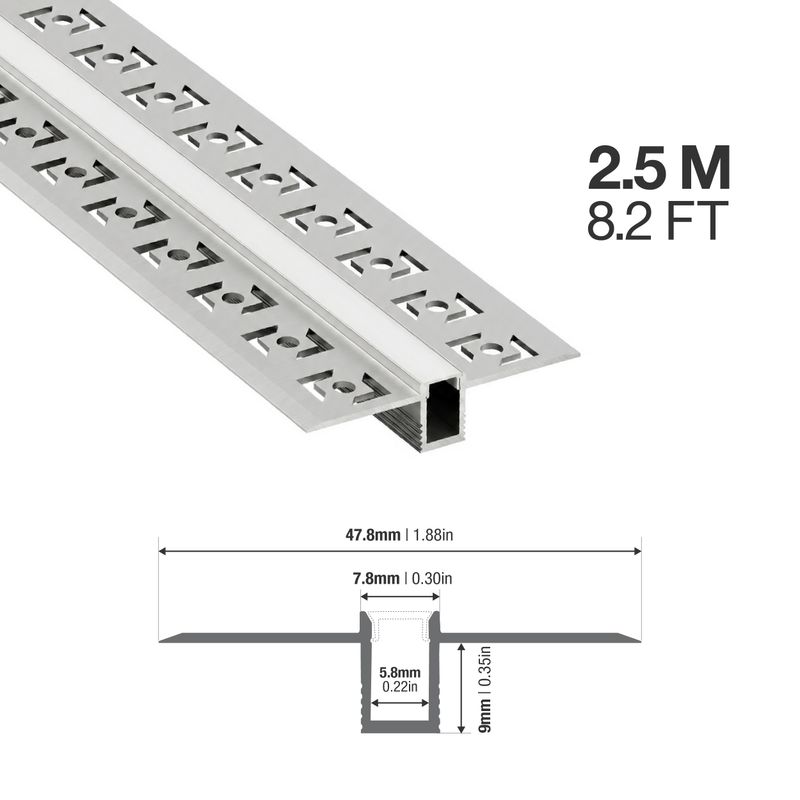Plaster-In Anodized Aluminum Profile with flanges, White Milky Cover, 8.20ft 1.88x0.47in