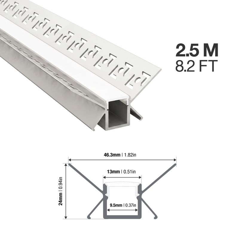 Aluminum Profile, Anodized, V-Shape Inner Corner, Recessed, 1.82x0.94in, White Milky Cover, 6.56ft 