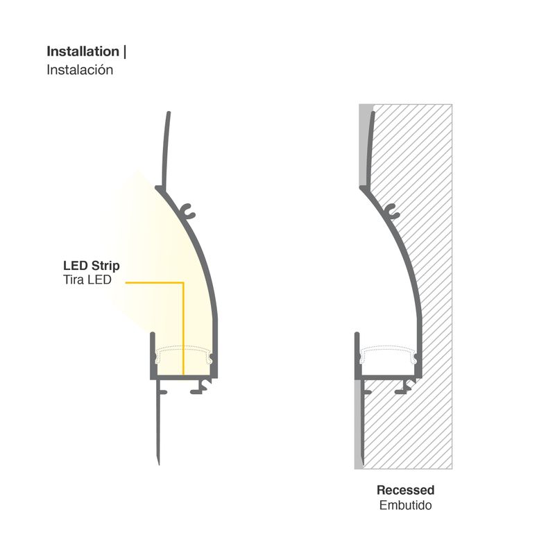Plaster-In Anodized Aluminum Profile with flanges, White Milky Cover, 8.20ft 3.85x0.74in