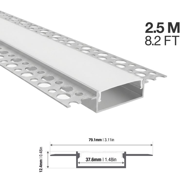 Plaster-In Anodized Aluminum Profile with flanges, Transparent Cover, 8.20ft 3.14x0.49in