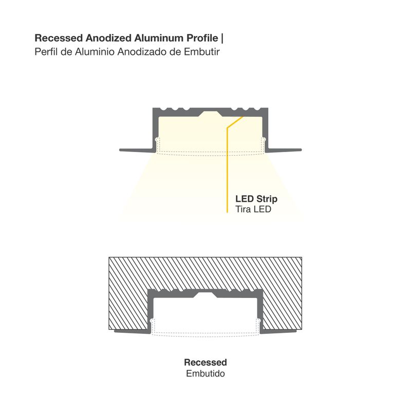 Recessed Anodized Aluminum Profile, White Milky Cover, 8.20ft 2.08x0.54in