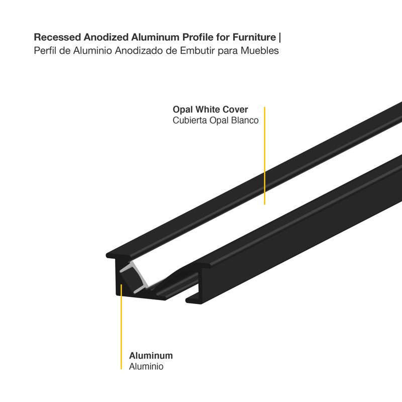 Recessed Black Aluminum Profile for Furniture, White Milky Cover, 8.20ft 0.92x0.35in