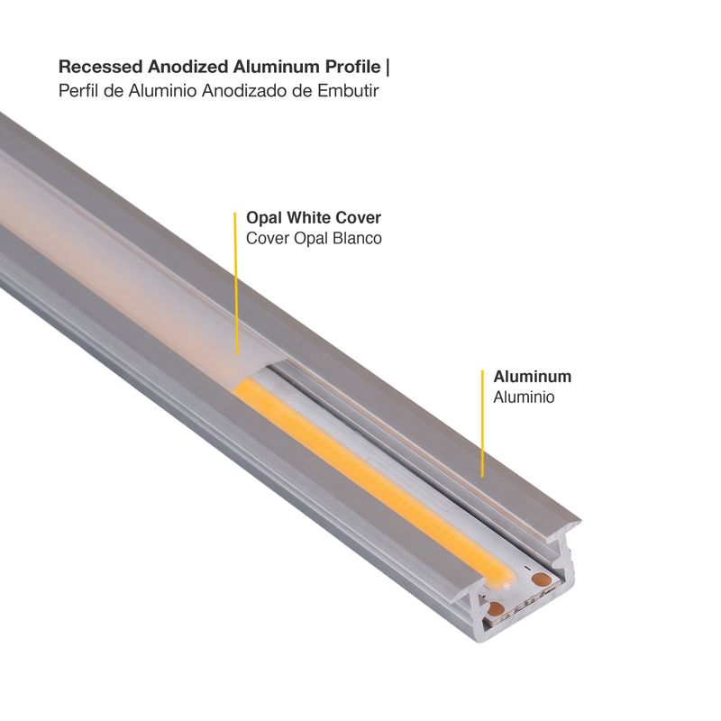 Aluminum Profile, Anodized, Recessed, 0.66x0.3in, White Milky Cover, 8.20ft