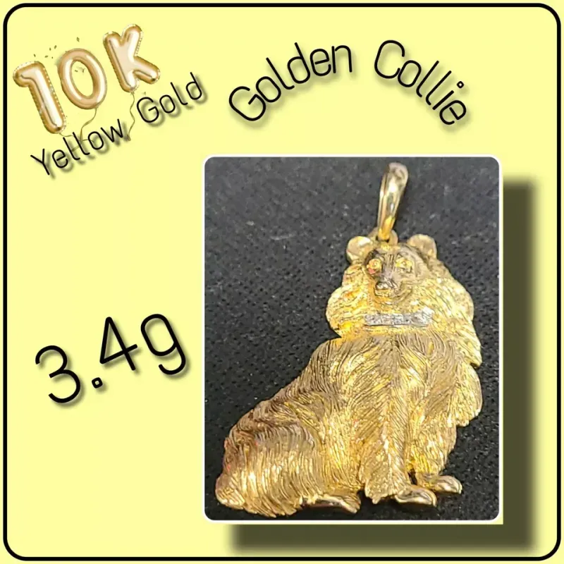 10K Yellow Gold Collie Dog Pendant 3.4g with diamond collar Lassie puppy tag