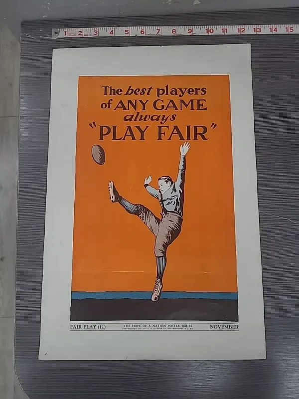 1937 RARE vintage FOOTBALL GAME FAIR PLAY 11 HOPE of Nation SCHOOL WPA Poster