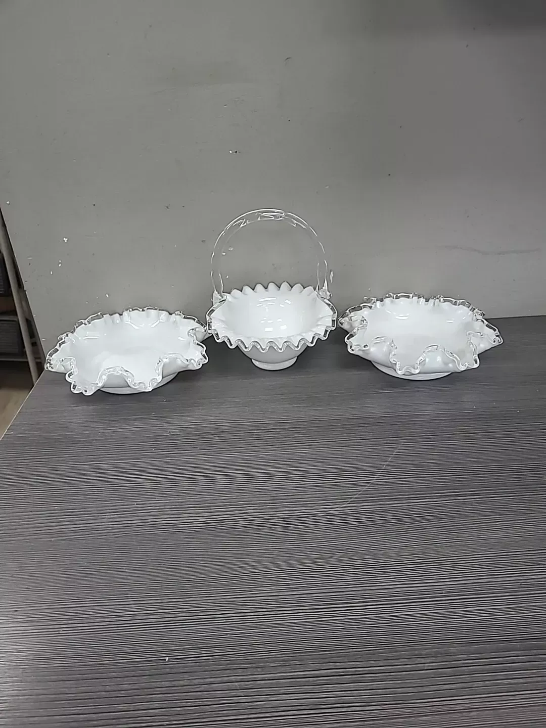 3 Lot Vintage Fenton Silver Crest Milk Glass Ruffled Basket & 2 Bowl Dish White