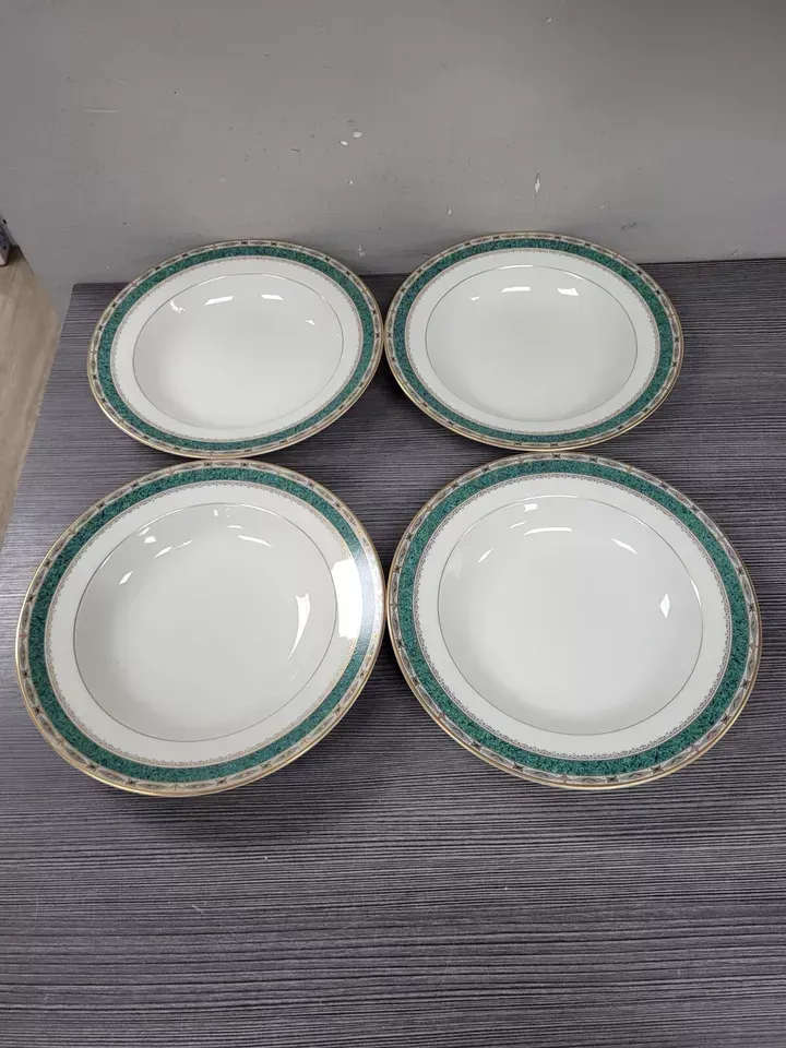4 Mikasa Sheffield 8 1/4" Rimmed Soup Bowls L3104 GREEN GOLD china lot set