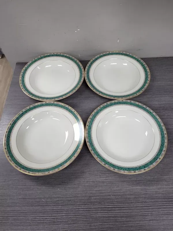 4 Mikasa Sheffield 8 1/4" Rimmed Soup Bowls L3104 GREEN GOLD china lot set