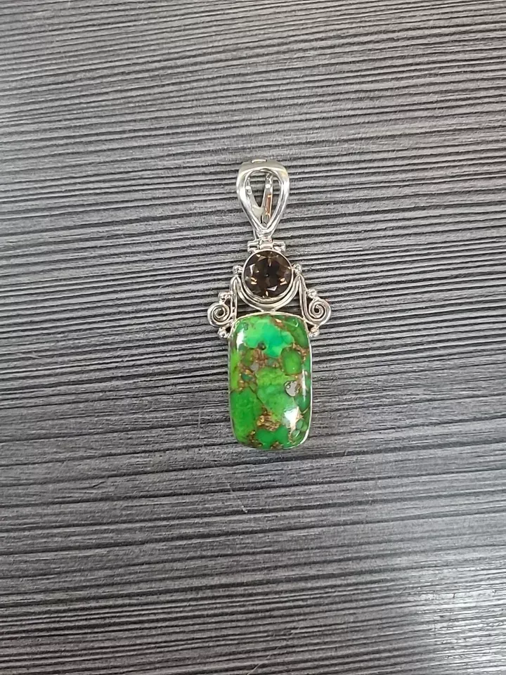 ARYO RARE GREEN TURQUOISE COPPER VIEIN PENDANT STERLING SILVER 11.8G