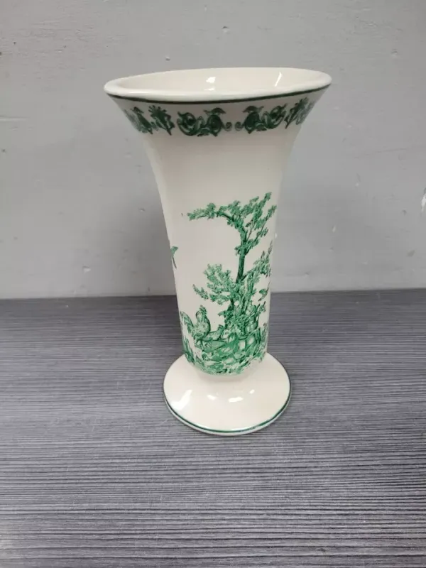Aux Au Provence green & White Toile Country Rooster 7" vase Farmhouse Rare