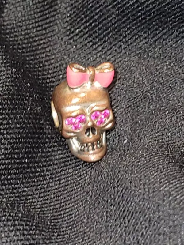 Gnoce Pink Sapphire Heart Shaped Eyes Pink Bow Charm UNIQUE GOTH JEWELRY SKULL