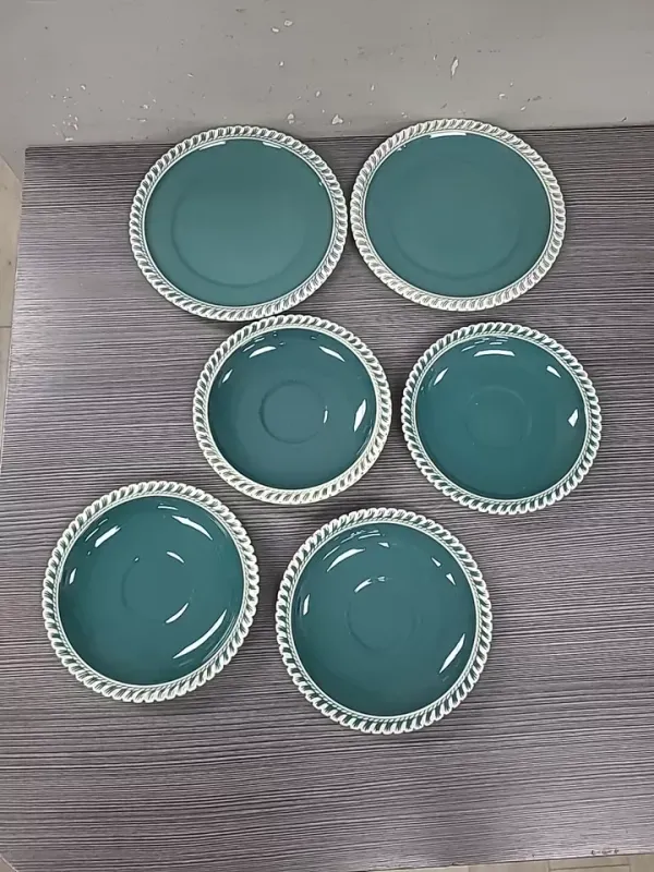 Harker Corinthian Teal Pate sur Pate Gadroon 4 SAUCERS 2 SALAD VINTAGE 1940'S