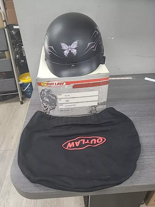 Ladies Outlaw Black DOT T-70 Motorcycle Half Helmet M flat black pink butterfly