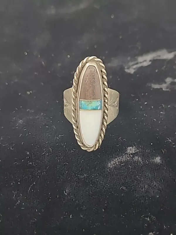 Large Navajo Channel Multistone Inlay Ring Zuni Size 6 White Turquoise Wood 6.6g