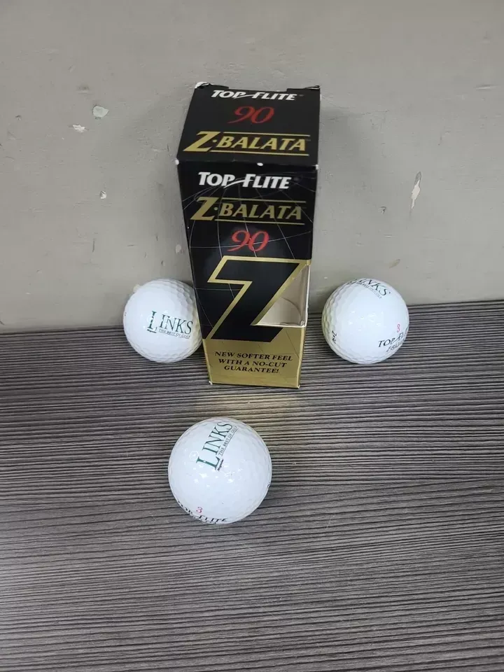 LINKS GOLF BALL MAGAZINE ADVERTISING GOLD BALL X3 IN BOX TOP FLITE Z BALATA 90