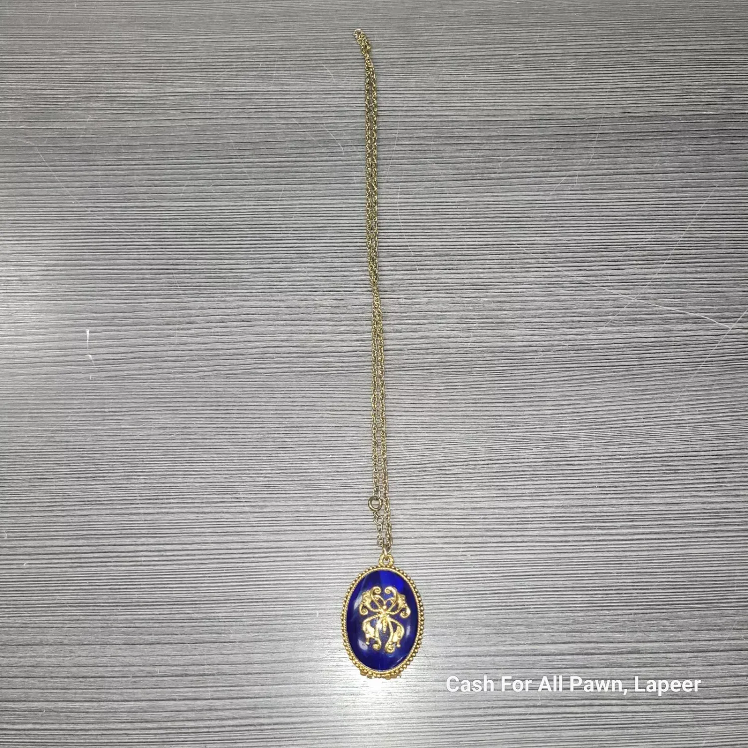 Max Factor Solid Perfume Locket Pill Box Blue Enamel Victorian Revival Necklace