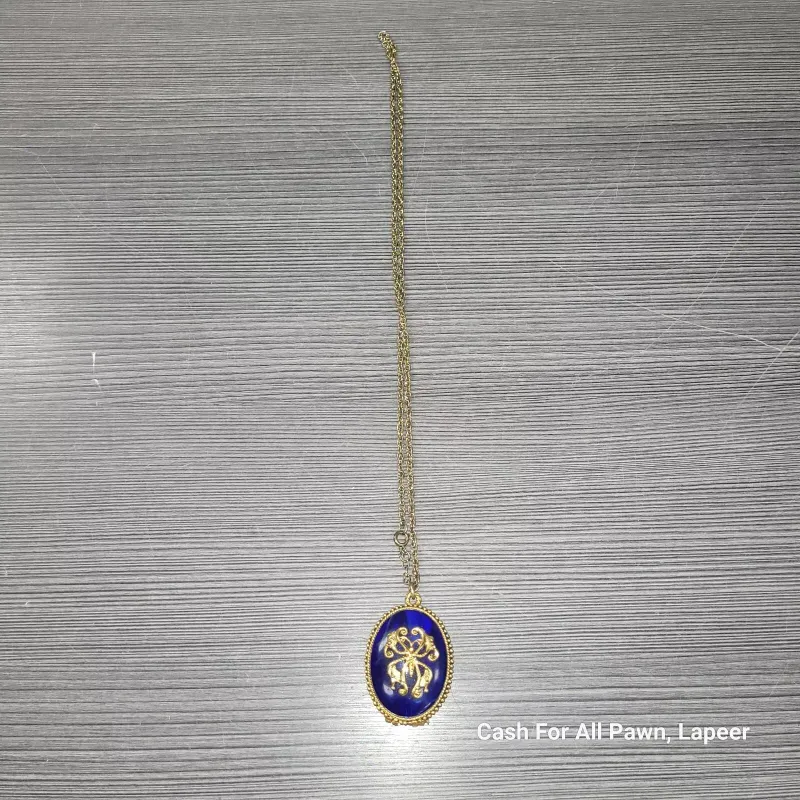 Max Factor Solid Perfume Locket Pill Box Blue Enamel Victorian Revival Necklace