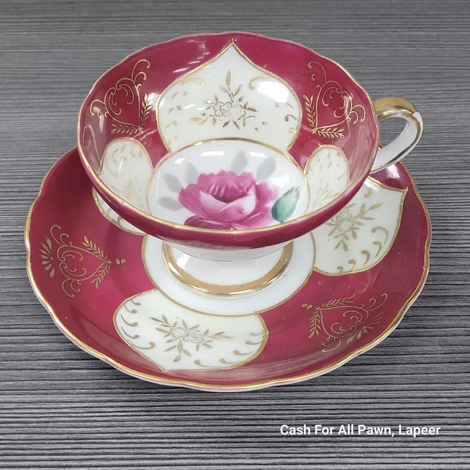 Napco China Cup and Saucer maroon and gold floral design ornate fancy