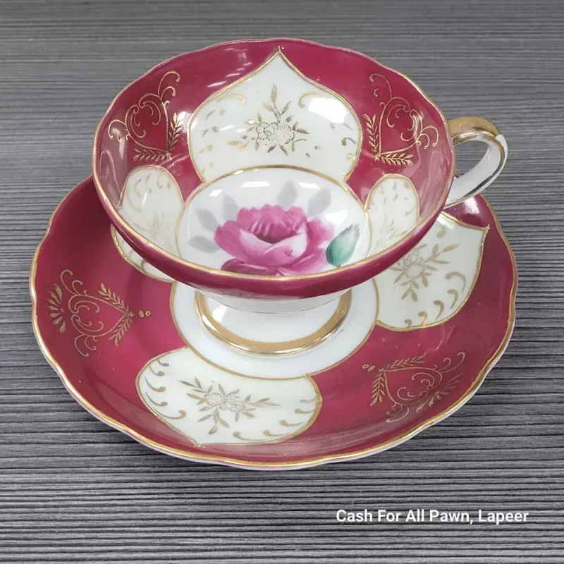Napco China Cup and Saucer maroon and gold floral design ornate fancy
