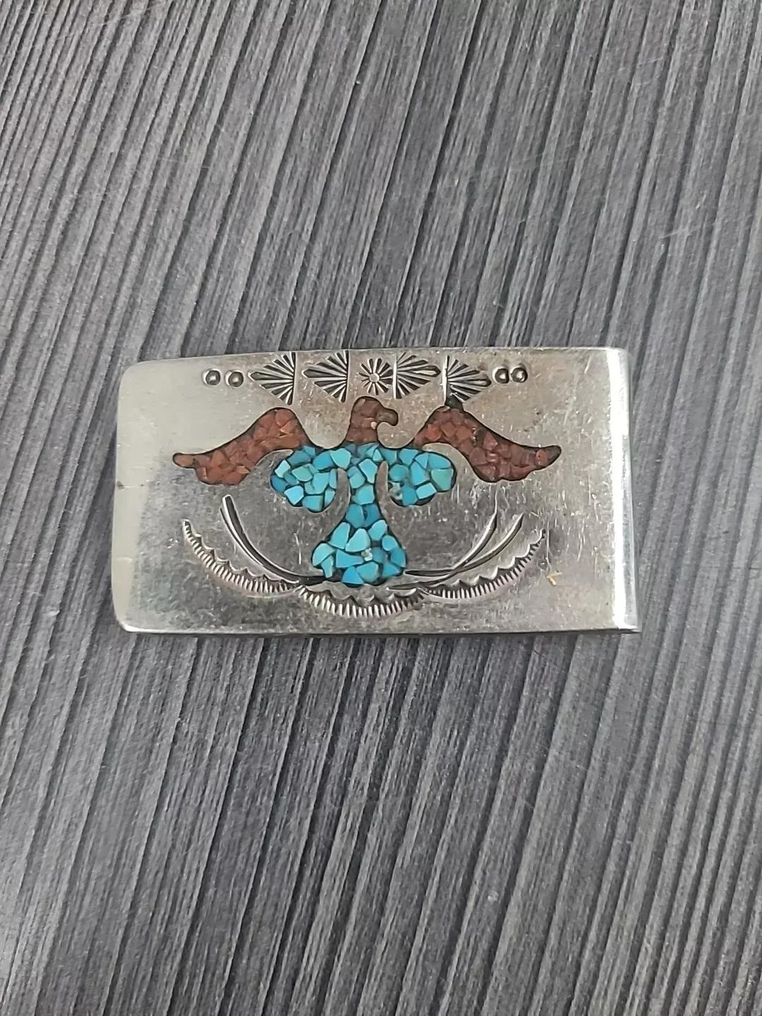 Native American Zuni Thunderbird Sterling Silver Turquoise coral Money Clip 26.6