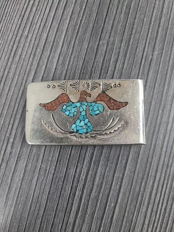 Native American Zuni Thunderbird Sterling Silver Turquoise coral Money Clip 26.6