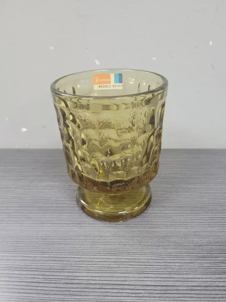 Pebble Beach Yellow Fostoria 4 1/8" On The Rocks Glass lemon twist w sticker mcm