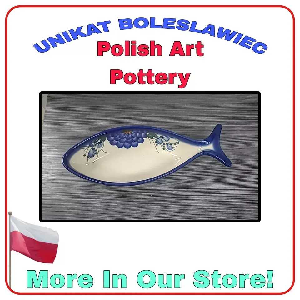 POLISH art POTTERY BOLESLAWIEC UNIKAT FISH SHAPED BOWL SERVING DISH 10" blue