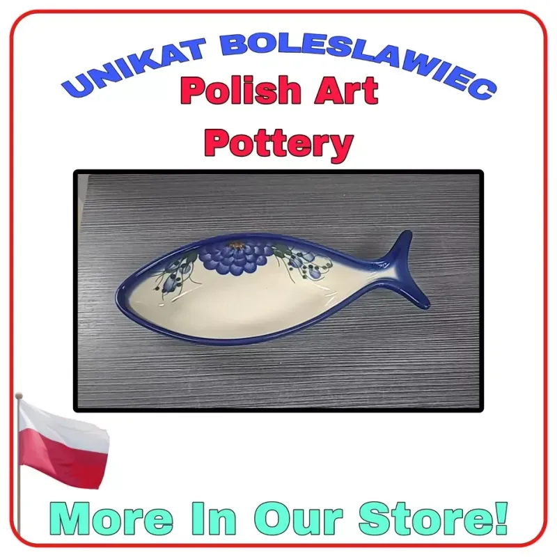 POLISH art POTTERY BOLESLAWIEC UNIKAT FISH SHAPED BOWL SERVING DISH 10" blue