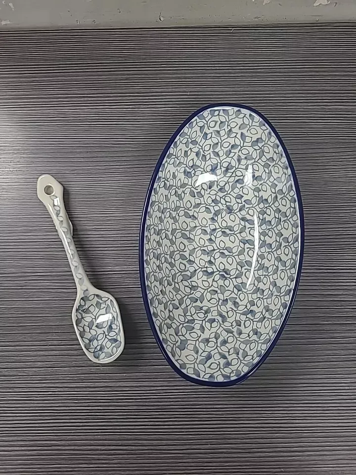polish art pottery KOKILKA casserole RELISH DISH 6 3/4" W SPOON BLUE LEAVES