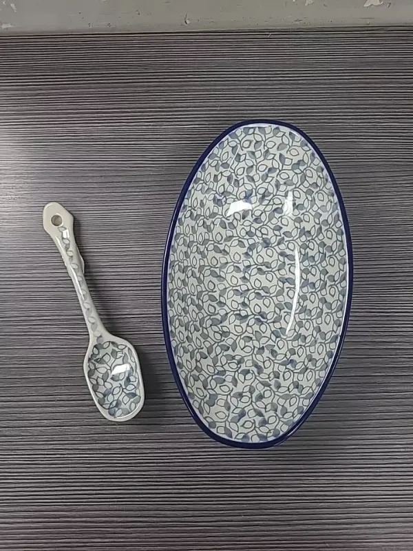 polish art pottery KOKILKA casserole RELISH DISH 6 3/4" W SPOON BLUE LEAVES