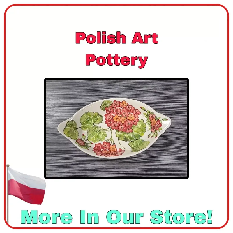 POLISH ART POTTERY UNIKAT RARE 9"X5" AUGRATIN BOWL DISH HYDRANGEA RED ORANGE NEW