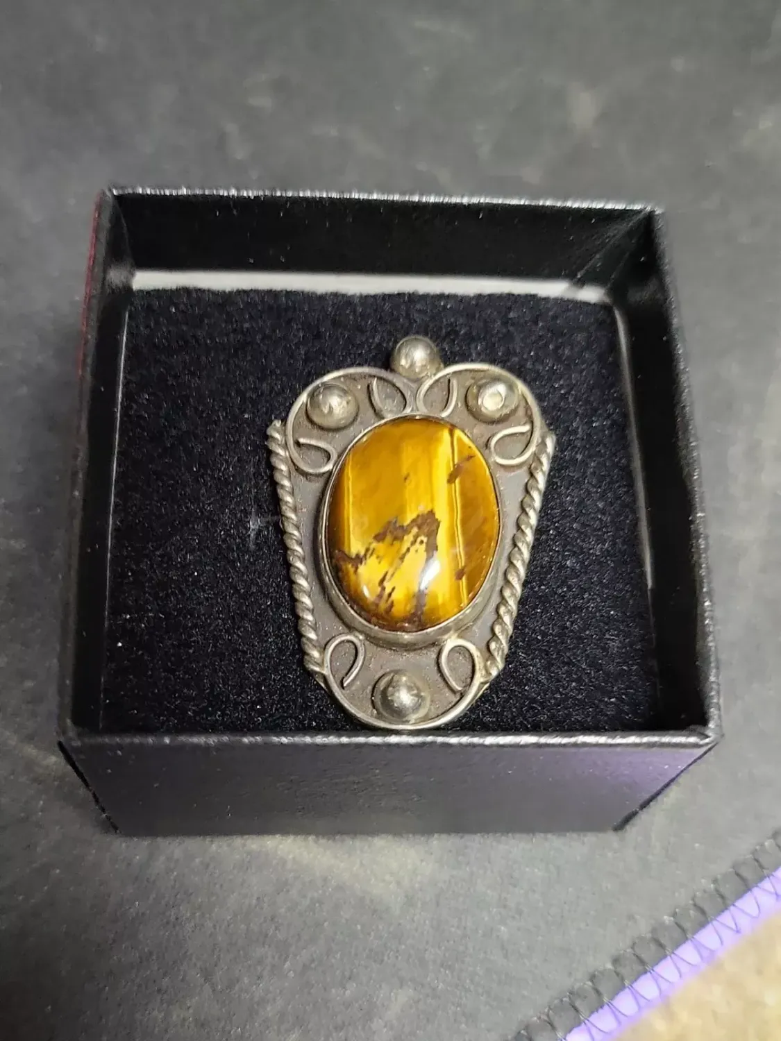 R14 Vintage 925 STERLING Silver Tiger's Eye Gemstone Band Ring Size 5 WOMENS