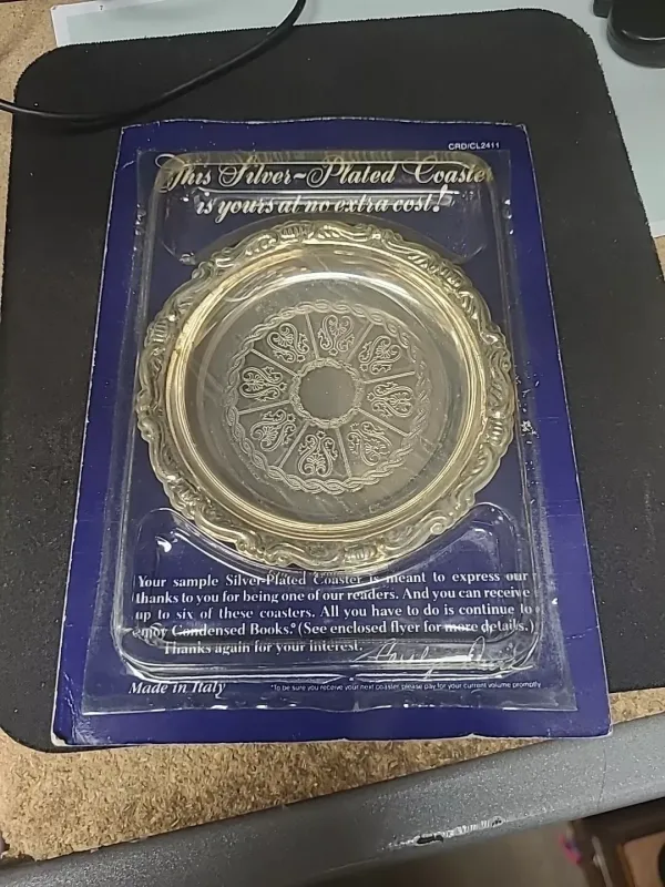 SILVER-PLATED 4" COASTER VINTAGE READERS DIGEST 1988 MADE IN ITALY CAROLYN DAVID