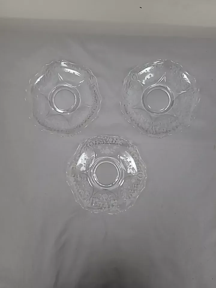 Set of 3 Cambridge Glass Diane etched saucers for cups elegant lot