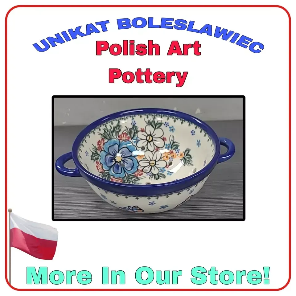 UNIKAT POLISH ART POTTERY VHTF BUTTERFLY HANDLED BERRY BOWL COLLINDER 6"