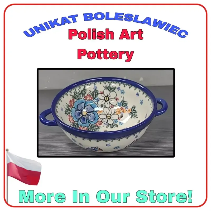 UNIKAT POLISH ART POTTERY VHTF BUTTERFLY HANDLED BERRY BOWL COLLINDER 6"
