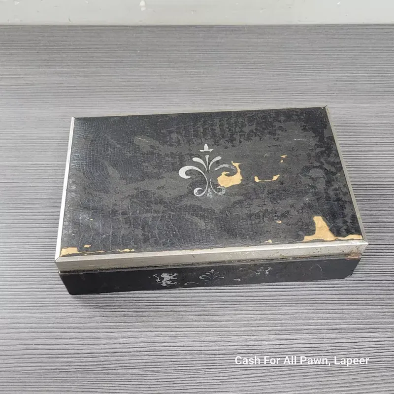 VINTAGE 1950 KEY JEWELRY DRESSER BOX CHROME BLACK 5" X 8"