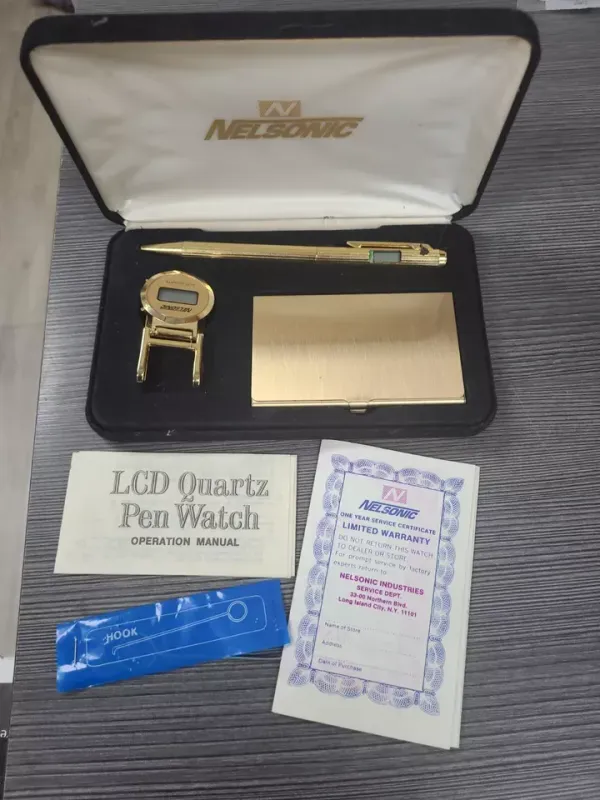 Vintage 1980s Nelsonic LCD Digital Gold Tone Watch MONEY CLIP BUSINESS CARD SET