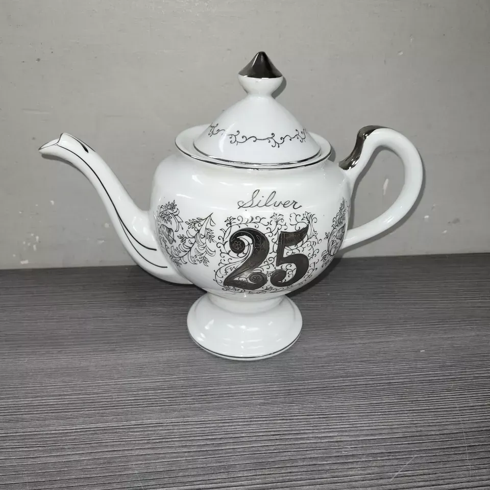 Vintage 25th Silver Anniversary Decorative Norcrest Fine China Tea Pot white