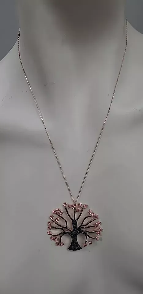 vintage 925 STERLING SILVER ROSE GOLD FINISH TREE OF LIFE PENDANT BLACK PINK 15G