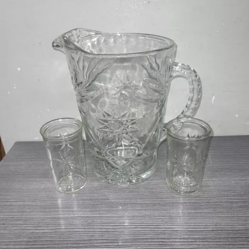 Vintage Anchor Hocking American Prescut Glass Water Pitcher & 2 50th tumbler lot