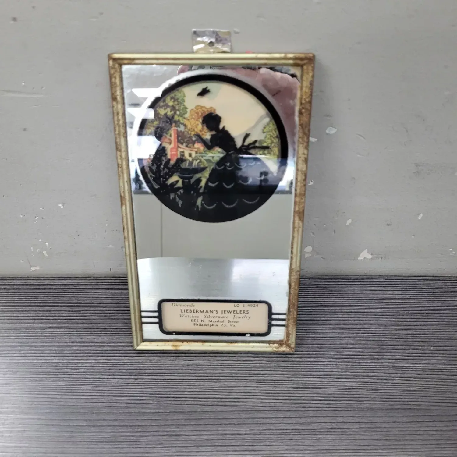 vintage 1930's silhouette advertising mirror lieberman jewelry philadelphia pa