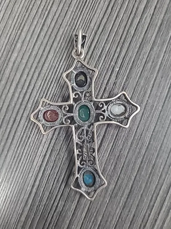 vintage cross crucifix sterling silver multi stone pendant 8g red white blue