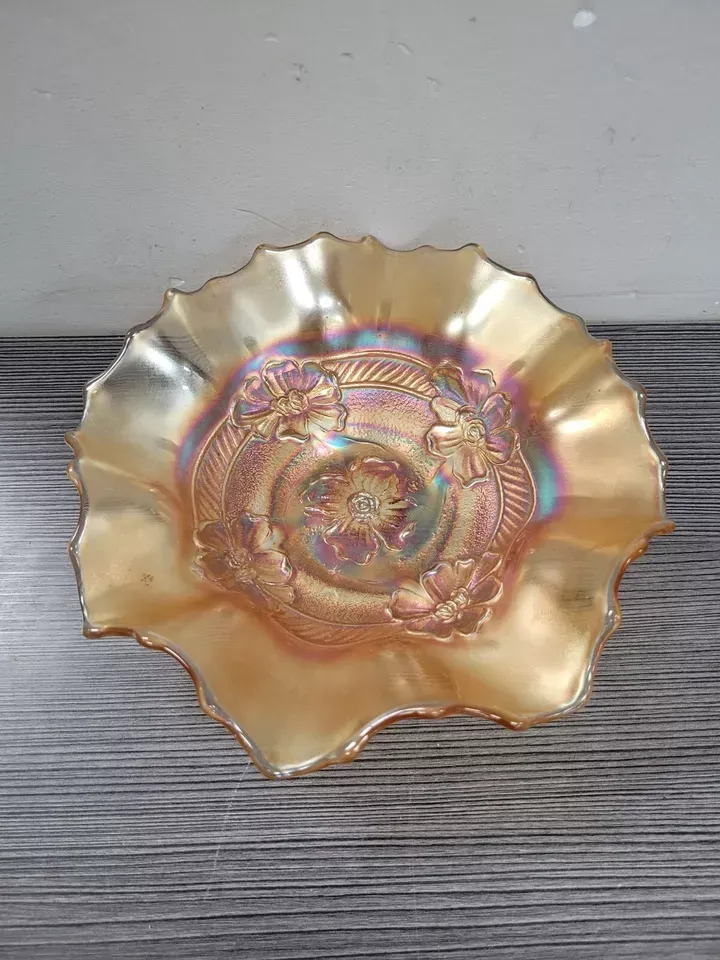 VINTAGE Dugan Apple Blossom Carnival Glass Bowl Iridescent Marigold Bowl 7.5"