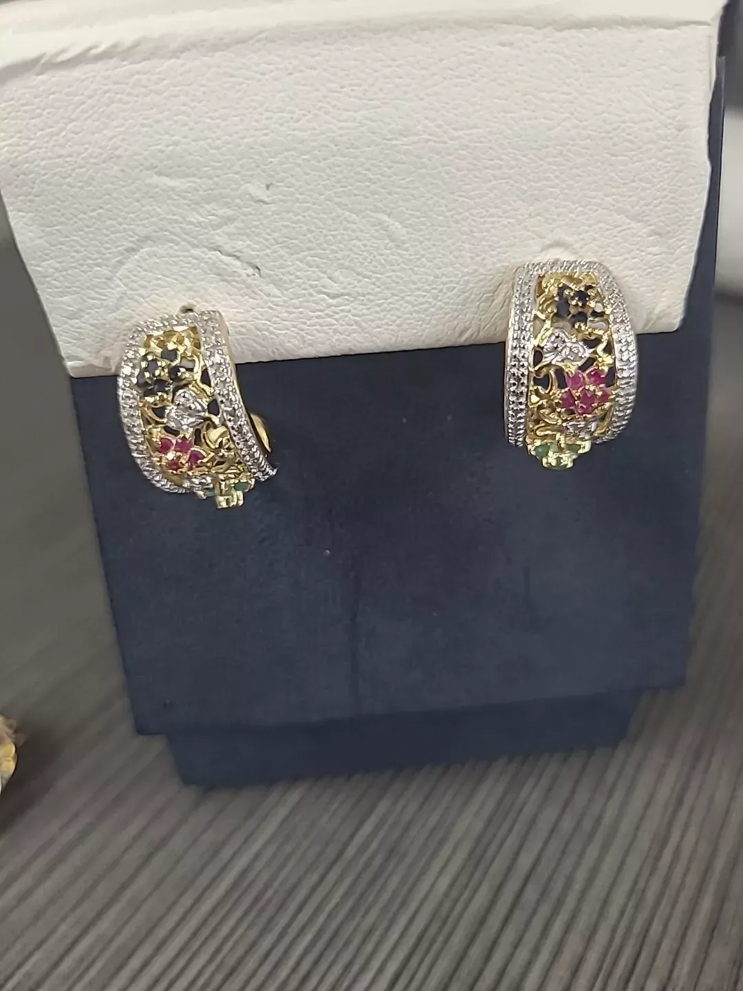 Vintage Emerald Sapphire Ruby Sterling Silver Vermeil Hoop Earrings 1980s