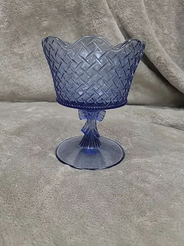 Vintage Fenton Blue Glass Compote Bowl Basket Weave Heart & Bow stem
