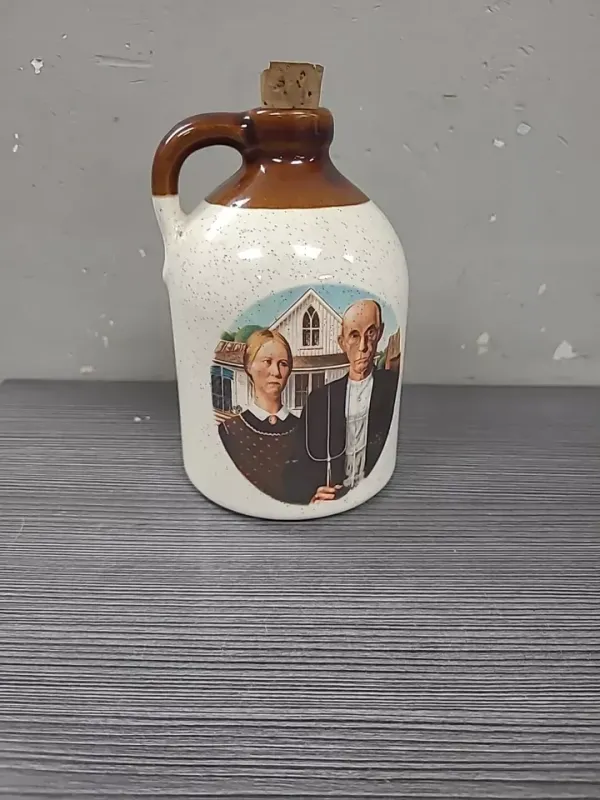 Vintage glazed Ceramic Jug With American gothic Motif Old Farmer And His Wife