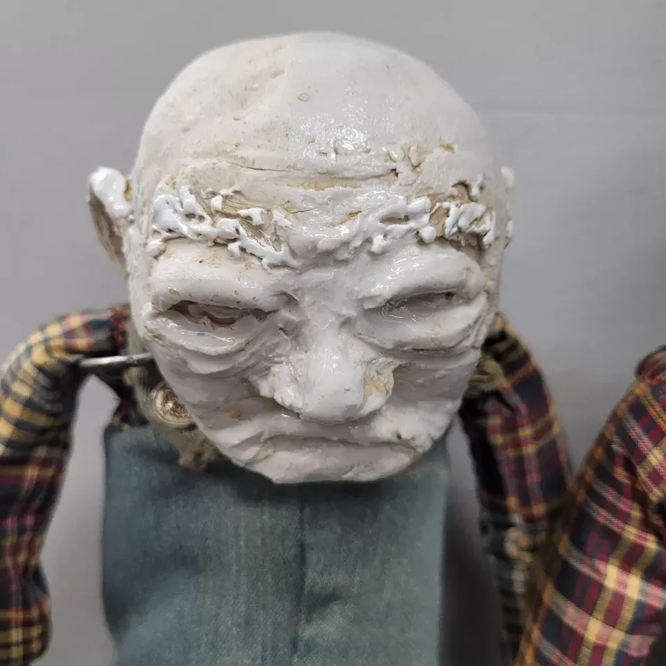 vintage hand made farmer dolls pottery & cloth in blue overall grandpa  w stands